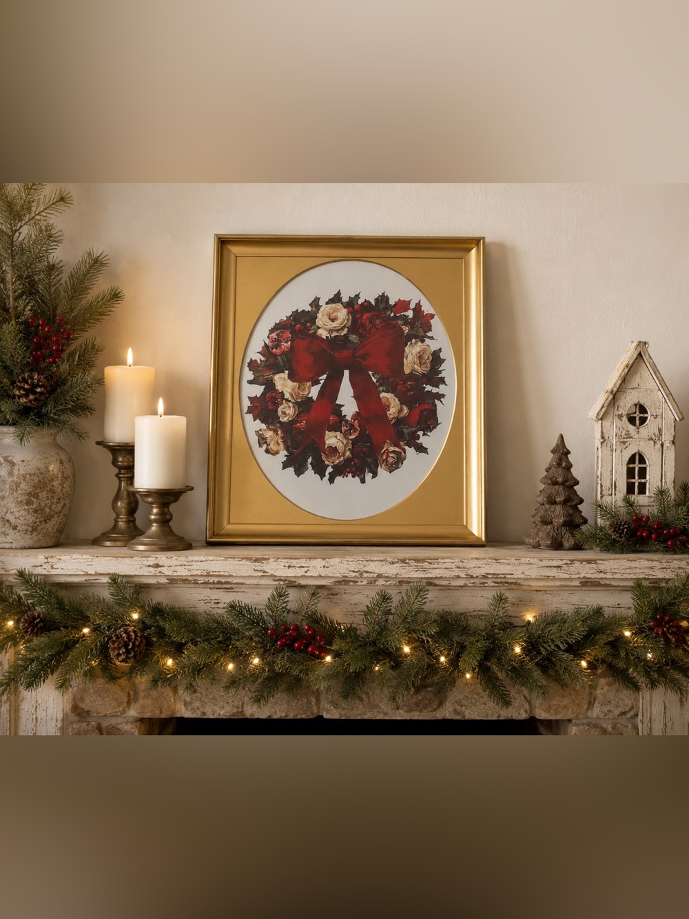 Gold Framed Holiday Wreath Art
